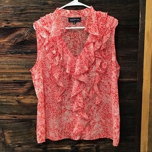 Jones NY Sleeveless Top Ruffled Button Down Blouse Semi Sheer Shirt Red Polka XL